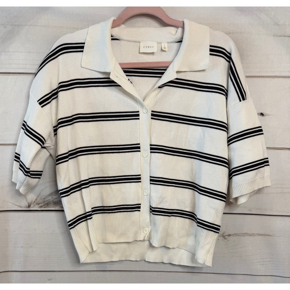 Cyrus Womens Striped Short Sleeve Cardigan Sweater Polo Collar Ivory Black L